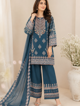 TURQUIOSE 3 PIECE EMBROIDARY DRESS FOR WOMEN