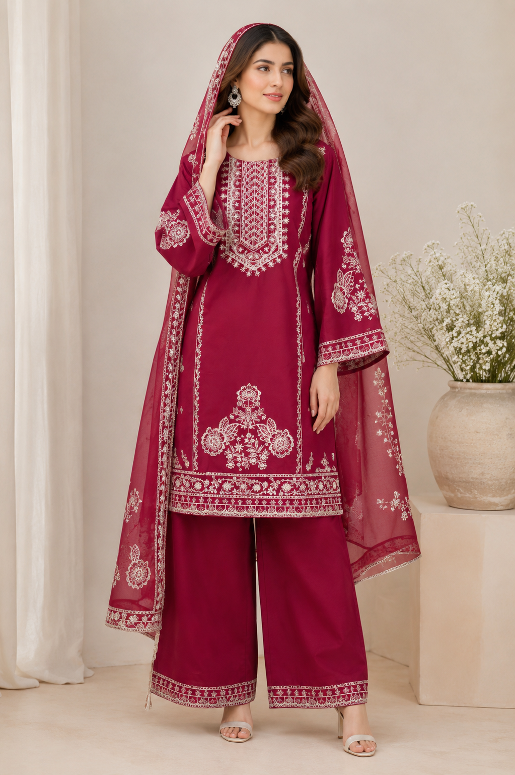 Premium Cotton Embroidered 3-Piece Suit