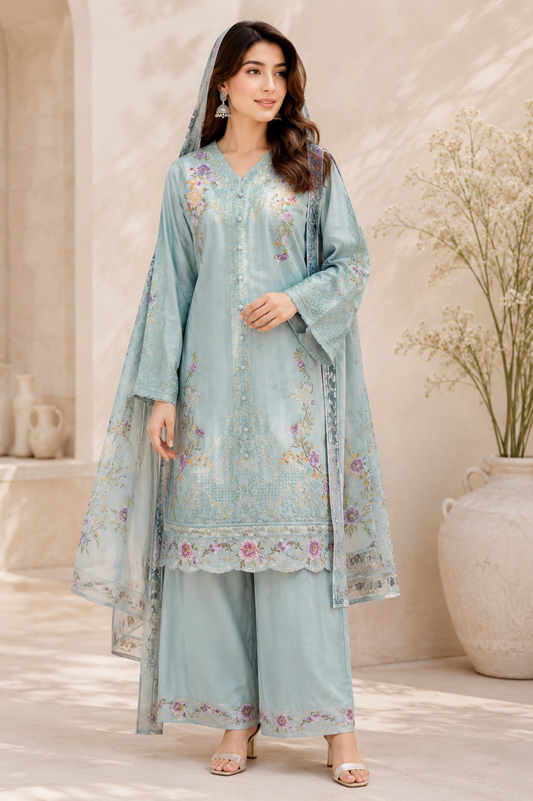 Sky Bloom – Premium Cotton Embroidered 3-Piece Suit