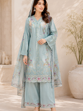 Sky Bloom – Premium Cotton Embroidered 3-Piece Suit